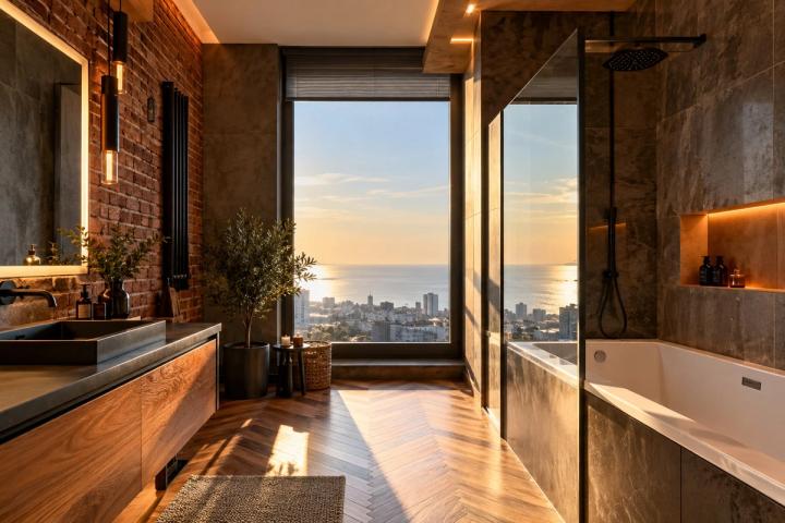 Loft üslubunda sanitar qovşaq (penthaus, səhər günəşi) — Premium təmir paketi, dizayn vizuallaşdırması