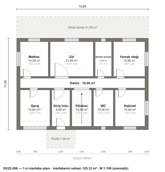 EK22-266 layihəsinin 1-ci mərtəbə planı — 125,12 m²
