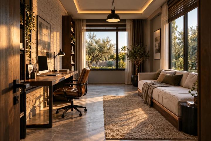 Loft üslubunda kabinet (penthaus, axşamüstü işıq) — Premium təmir paketi, dizayn vizuallaşdırması