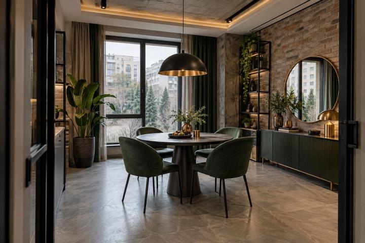 Loft üslubunda yemək zonası (yeni tikili mənzil, qış gündüzü) — Premium təmir paketi, dizayn vizuallaşdırması