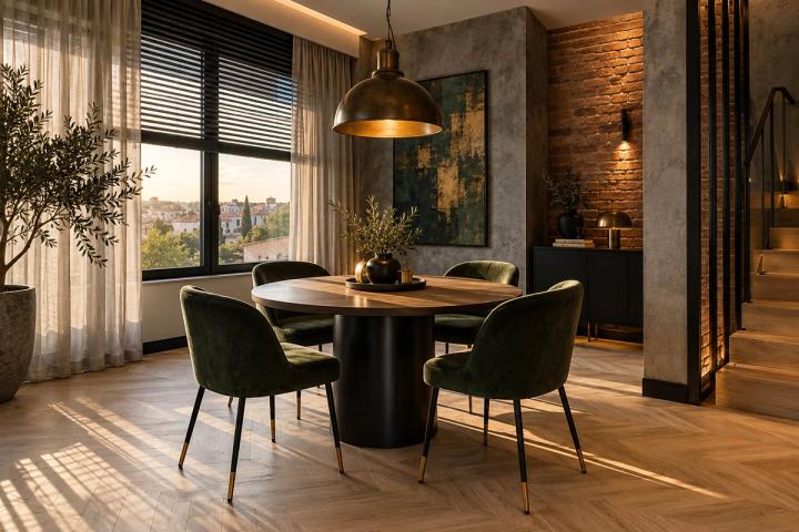 Loft üslubunda yemək zonası (həyət evi, axşamüstü işıq) — Standart təmir paketi, dizayn vizuallaşdırması