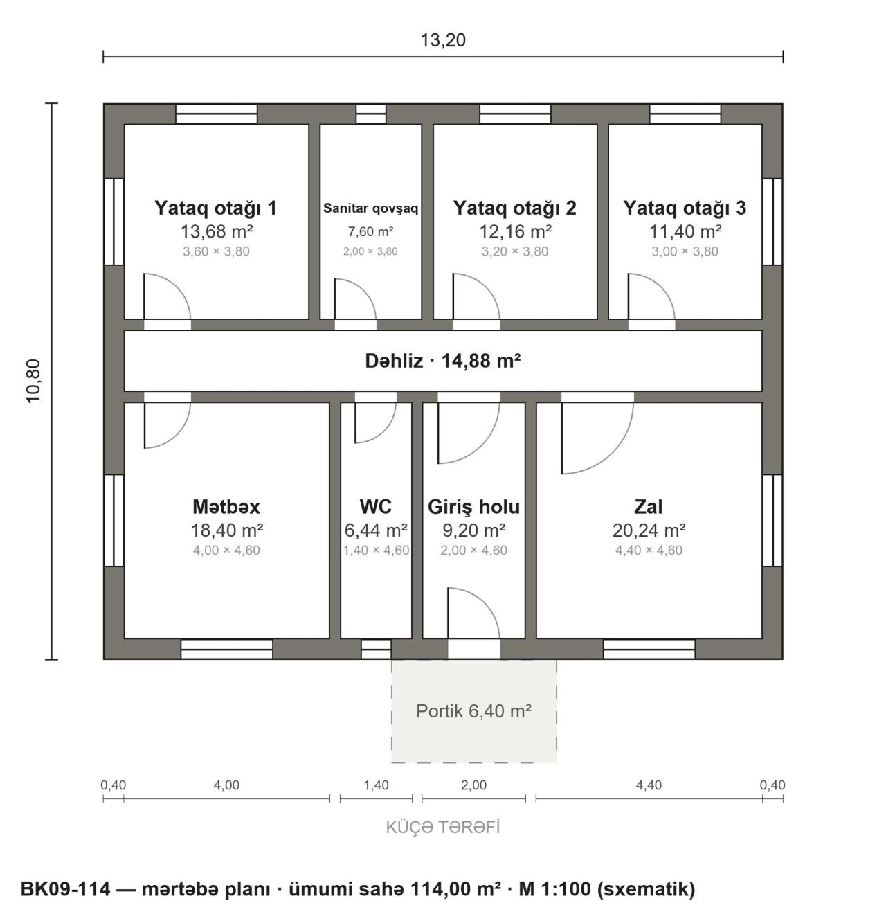 BK09-114 layihəsinin mərtəbə planı — 114 m², 3 yataq otağı