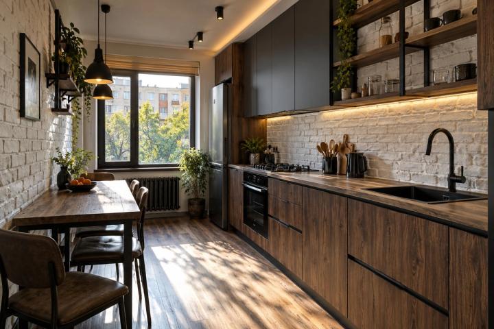 Loft üslubunda mətbəx (köhnə planlı mənzil, səhər günəşi) — Standart təmir paketi, dizayn vizuallaşdırması