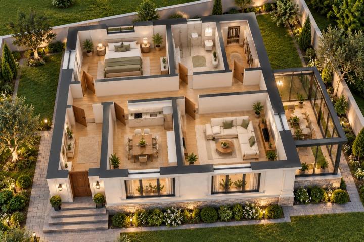 BK37-093 layihəsinin 3D kəsik planı — mebelli otaqlar, vizuallaşdırma