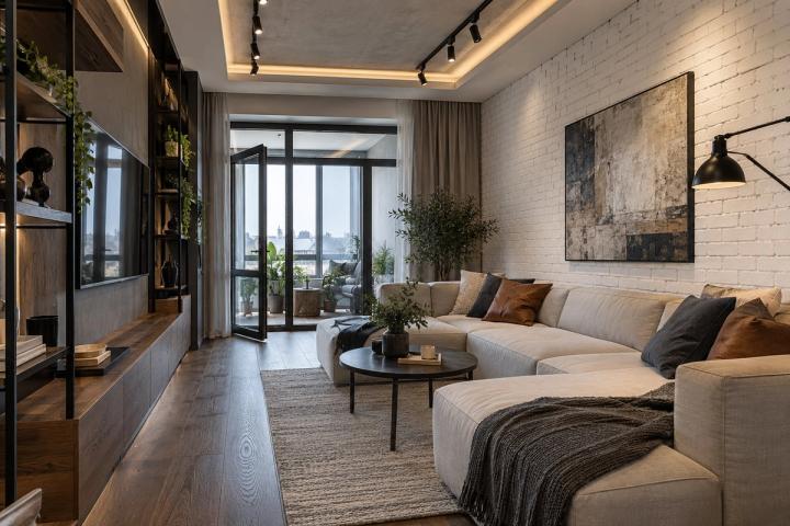 Loft üslubunda qonaq otağı (iki mərtəbəli ev, qış gündüzü) — Premium təmir paketi, dizayn vizuallaşdırması