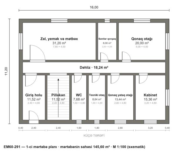 EM60-291 layihəsinin 1-ci mərtəbə planı — 145,60 m²