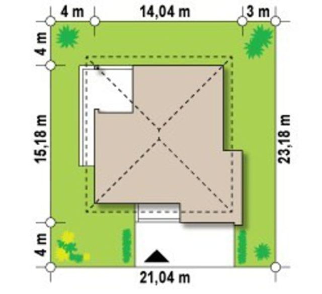 EK01-239 evinin sahədə yerləşmə planı — 23,18 × 21,04 m