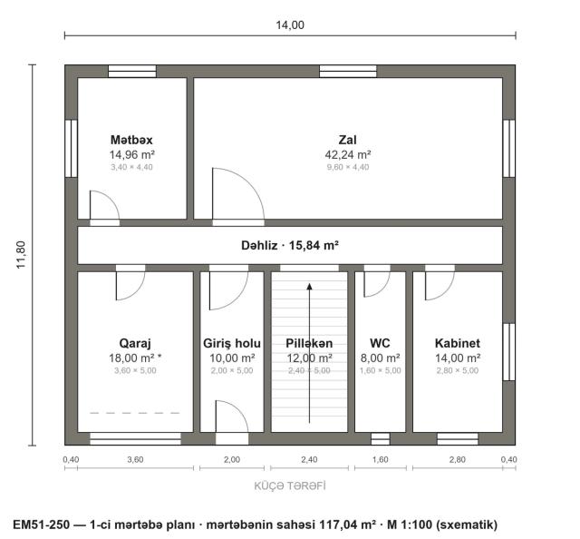 EM51-250 layihəsinin 1-ci mərtəbə planı — 117,04 m²