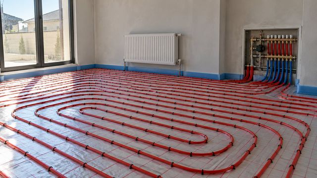 Boş otaqda döşənmiş isti döşəmə boruları, radiator və kollektor