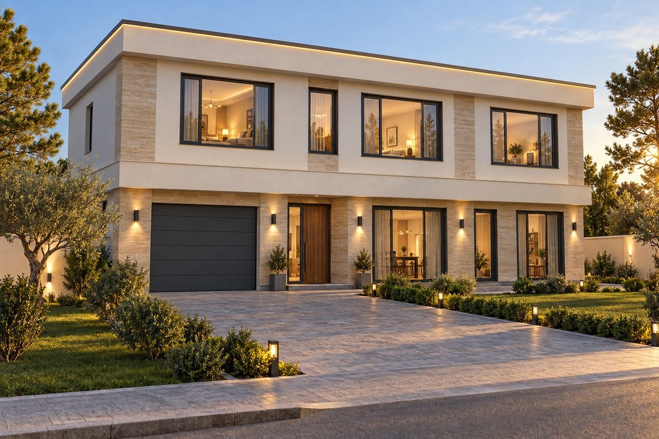 EM35-289 layihəsinin fasad vizuallaşdırması — ikimərtəbəli ev, düz dam