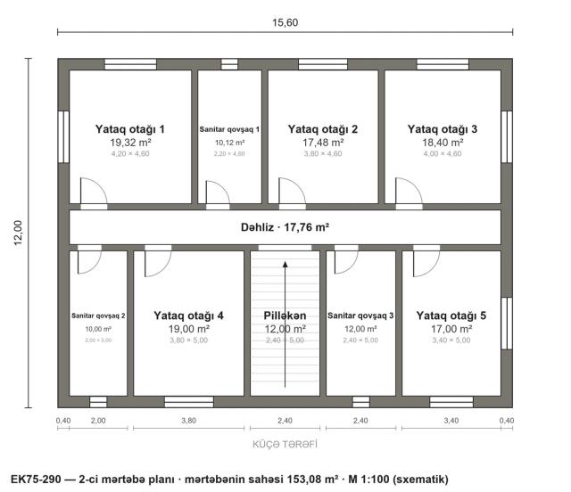 EK75-290 layihəsinin 2-ci mərtəbə planı — 5 yataq otağı