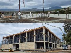 Tying the slab reinforcement and pouring concrete in Khankendi; below, a four-storey building in scaffolding