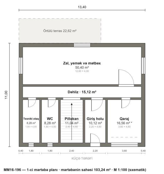 MM16-196 layihəsinin 1-ci mərtəbə planı — 103,24 m²