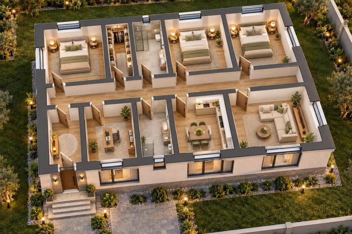 BM81-144 layihəsinin 3D kəsik planı — mebelli otaqlar, vizuallaşdırma