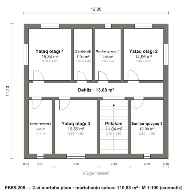 EK68-208 layihəsinin 2-ci mərtəbə planı — 3 yataq otağı