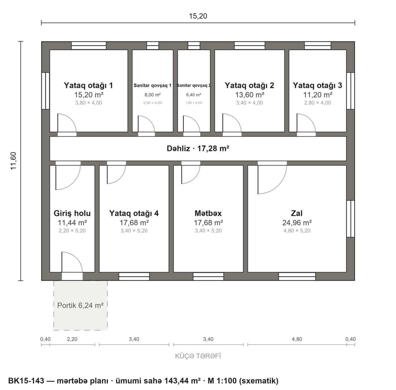 BK15-143 layihəsinin mərtəbə planı — 143 m², 4 yataq otağı