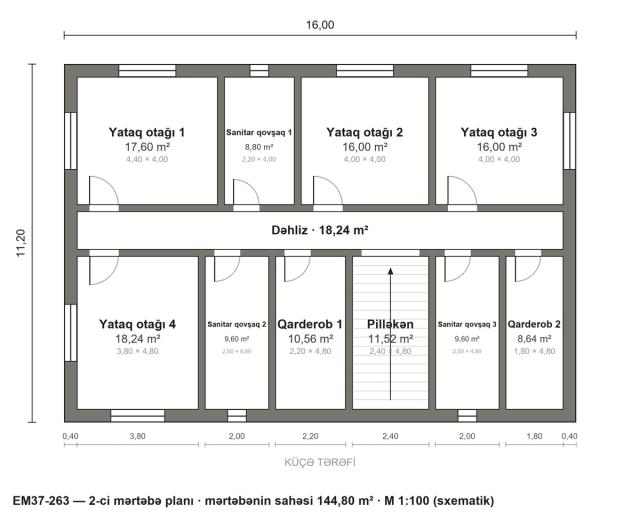 EM37-263 layihəsinin 2-ci mərtəbə planı — 4 yataq otağı