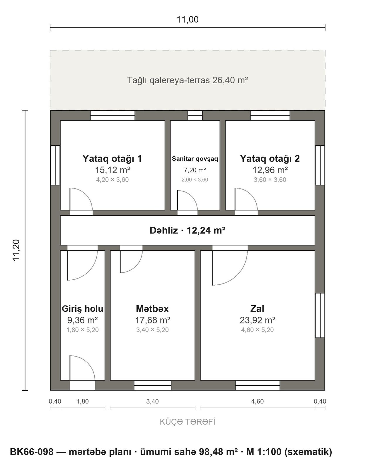 BK66-098 layihəsinin mərtəbə planı — 98 m², 2 yataq otağı