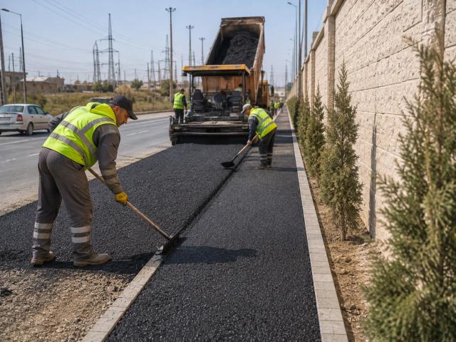 Laying an asphalt concrete surface on a pavement — a paver and workers, with a stone fence on the right