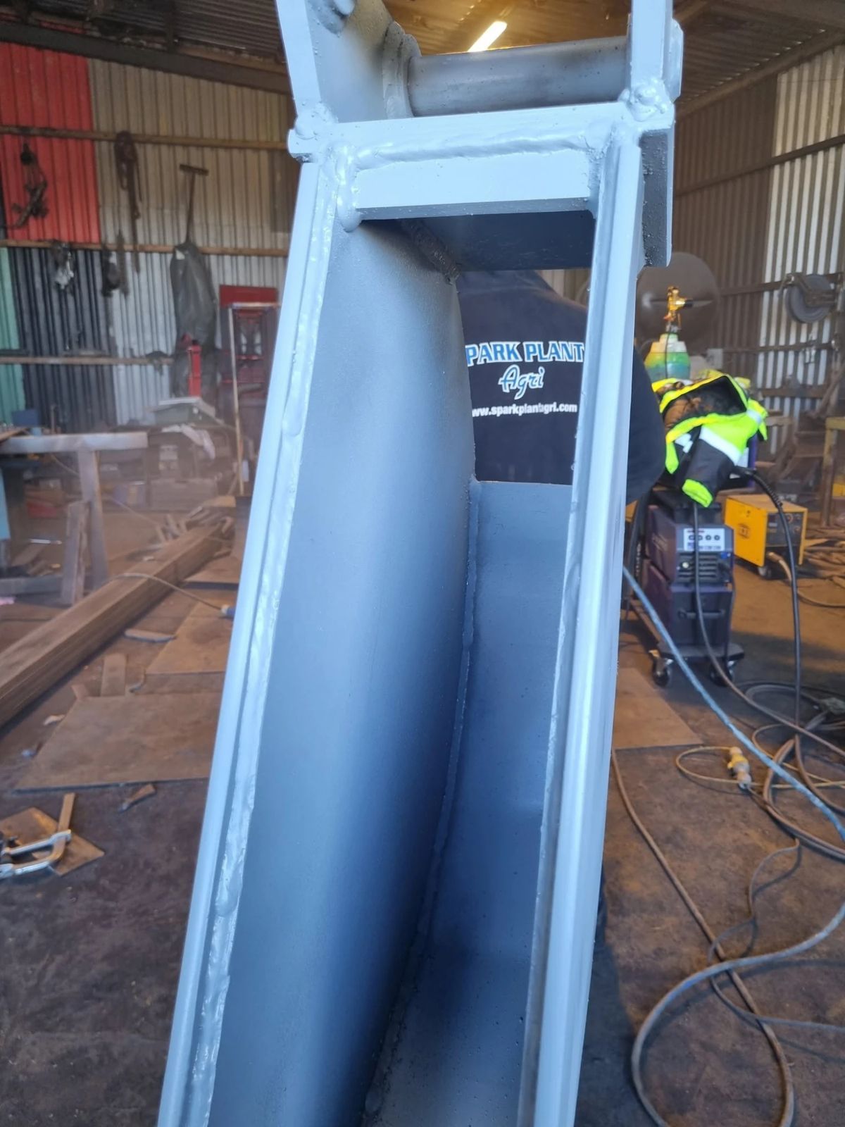 Fabricated steel arm in the Spark Plant Agri workshop