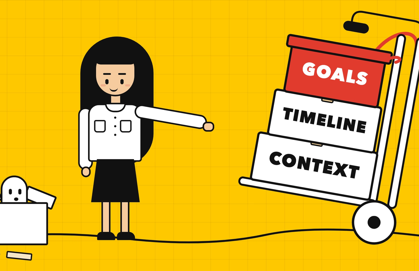 Cartoon illustration of a customer success manager wheeling a hand truck stacked with boxes labeled Goals, Timeline and Context, while a small ghost peeks out of a leftover box: the customer onboarding handoff, boxed up