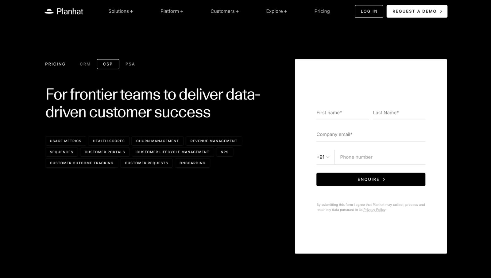 Planhat pricing page
