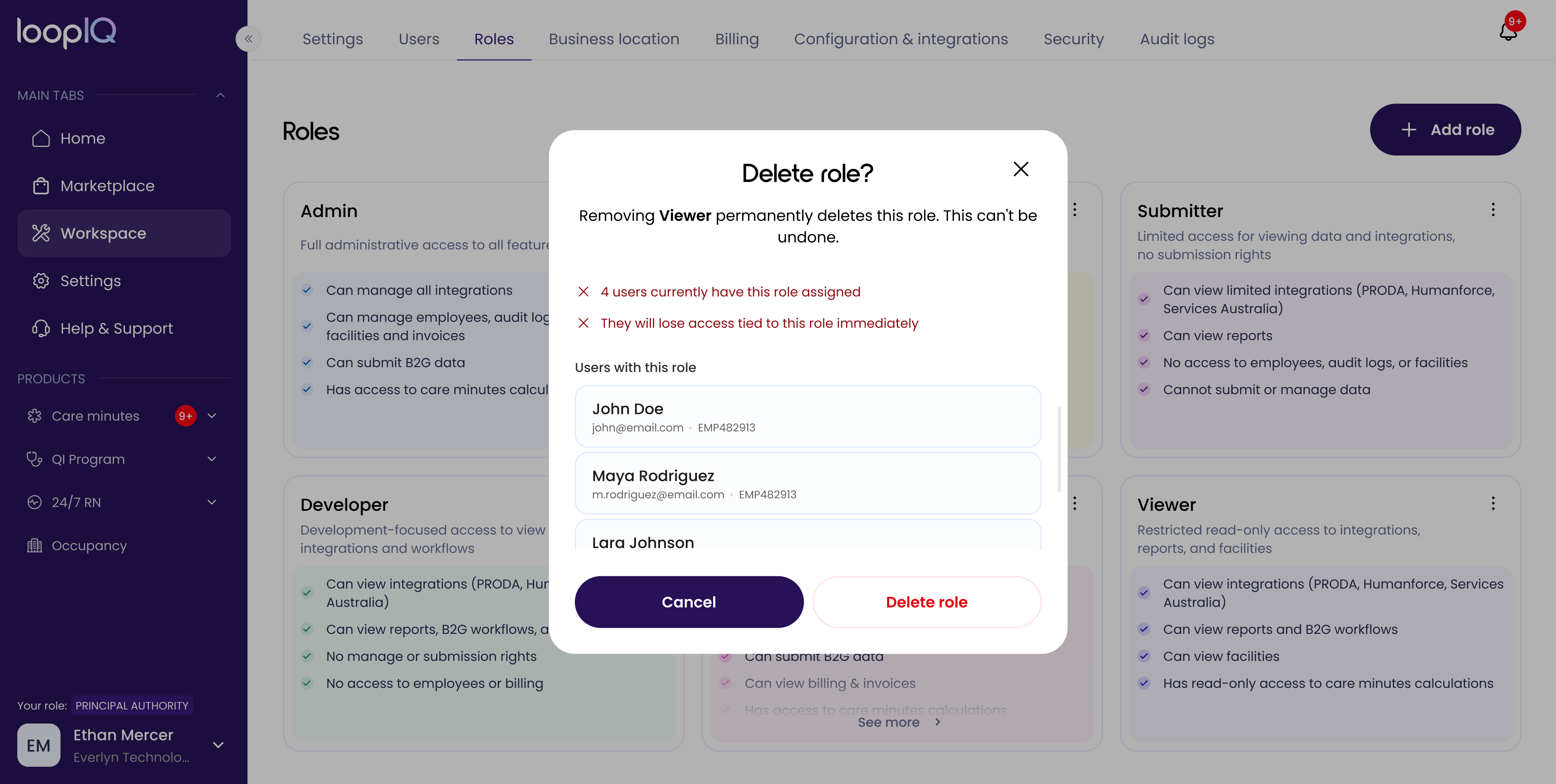 Delete role pop up message
