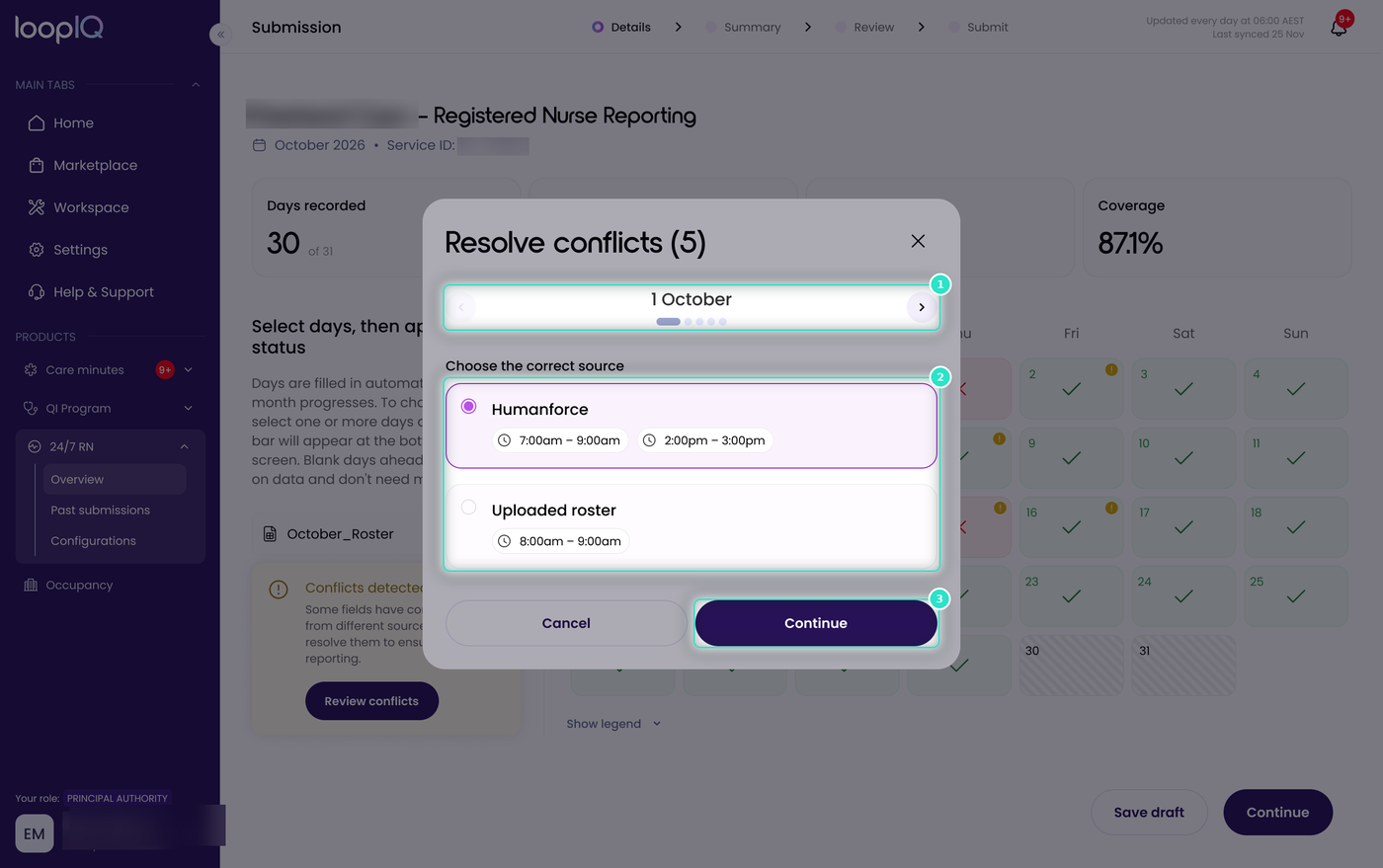 Resolve conflicts dialog with the day selector, source options and Continue button highlighted