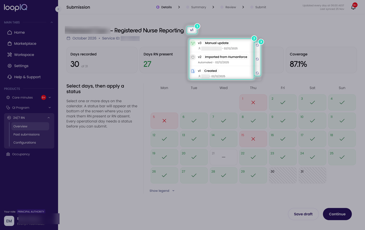 Version history with the version chip, history entries and restore controls highlighted