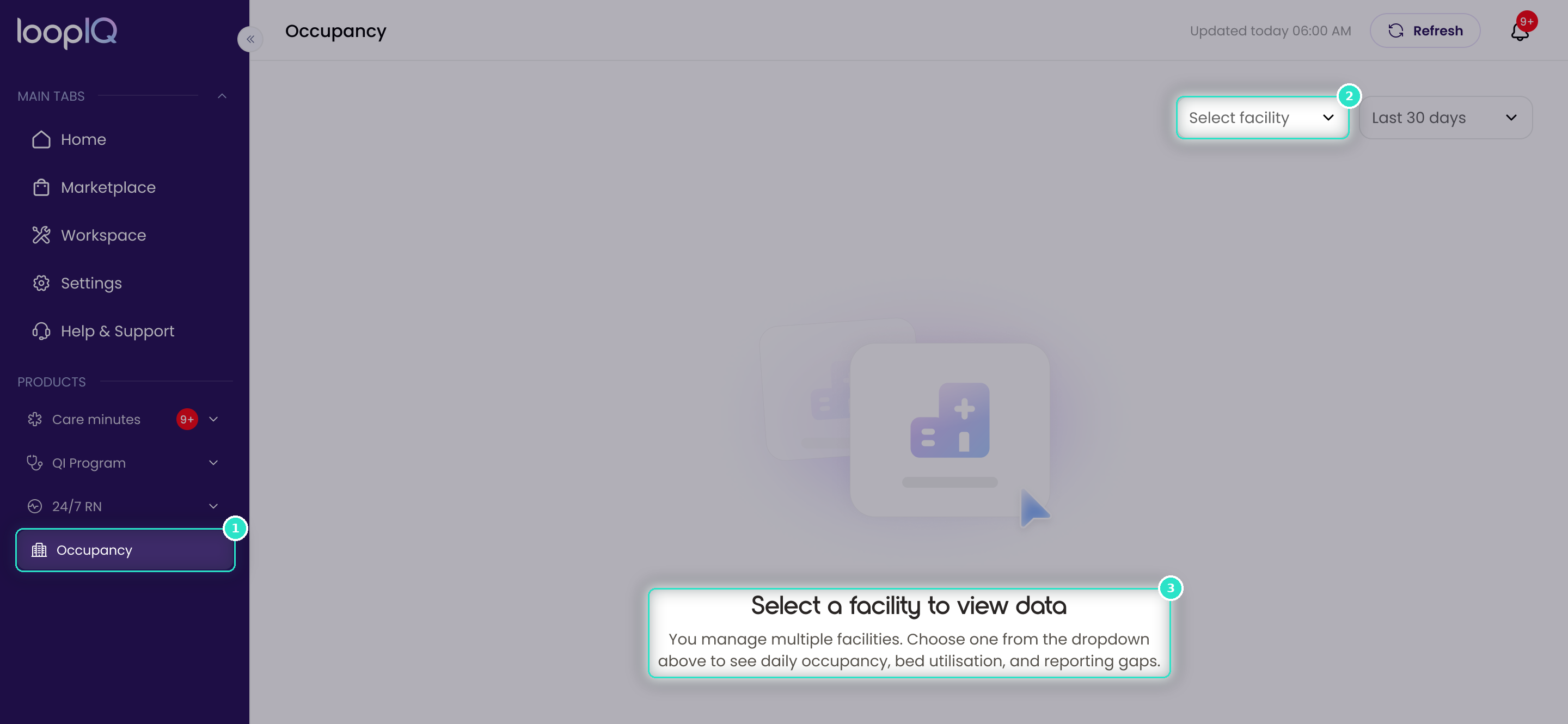 The Occupancy page before a facility is chosen.