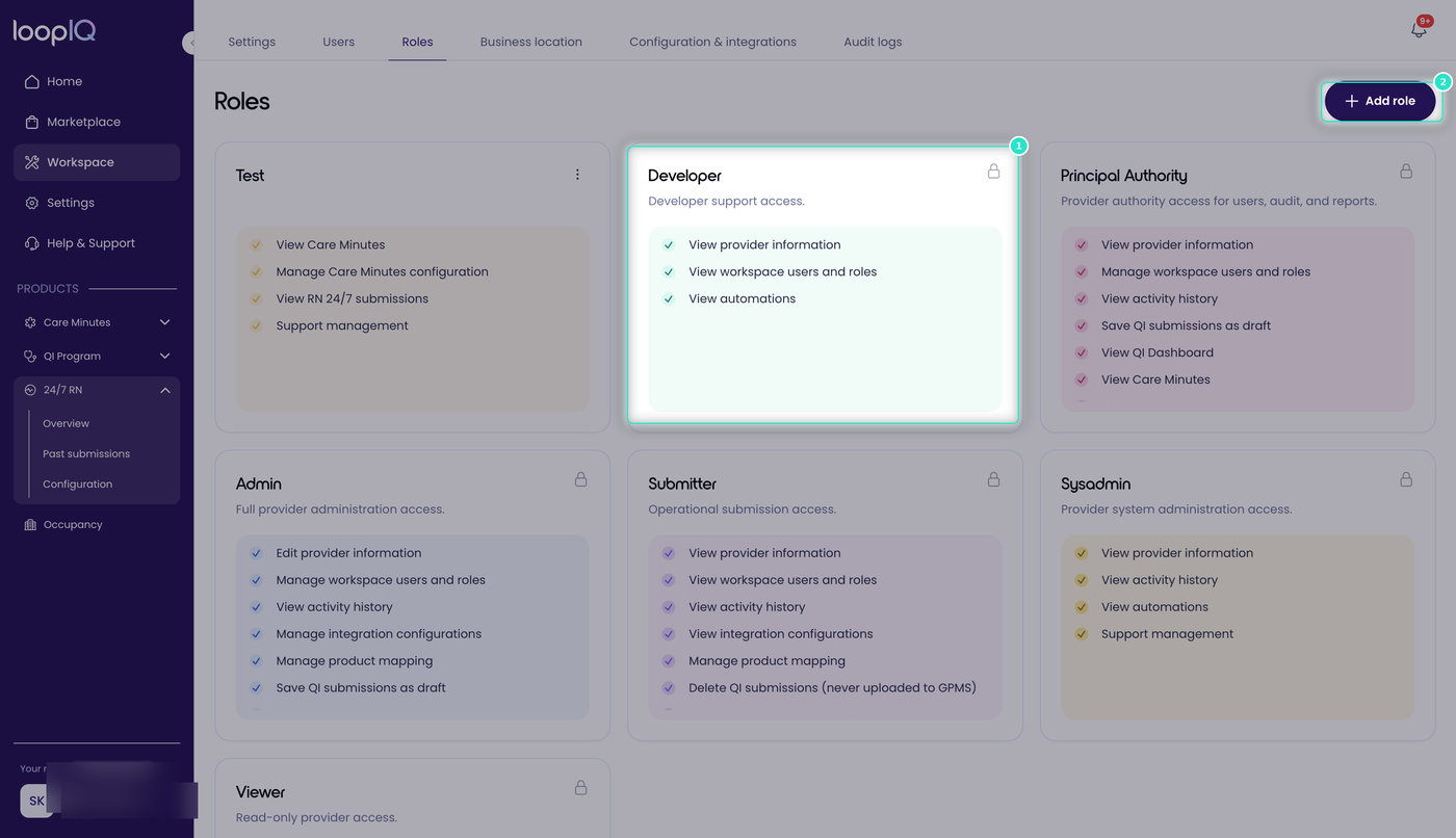Roles page with a standard role and the Add role button highlighted