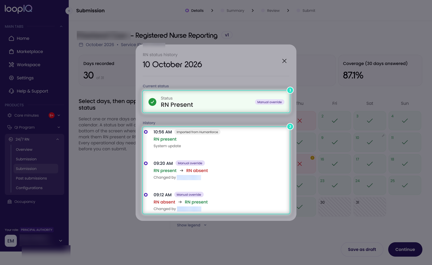 RN status history for a single day with Current status and History highlighted