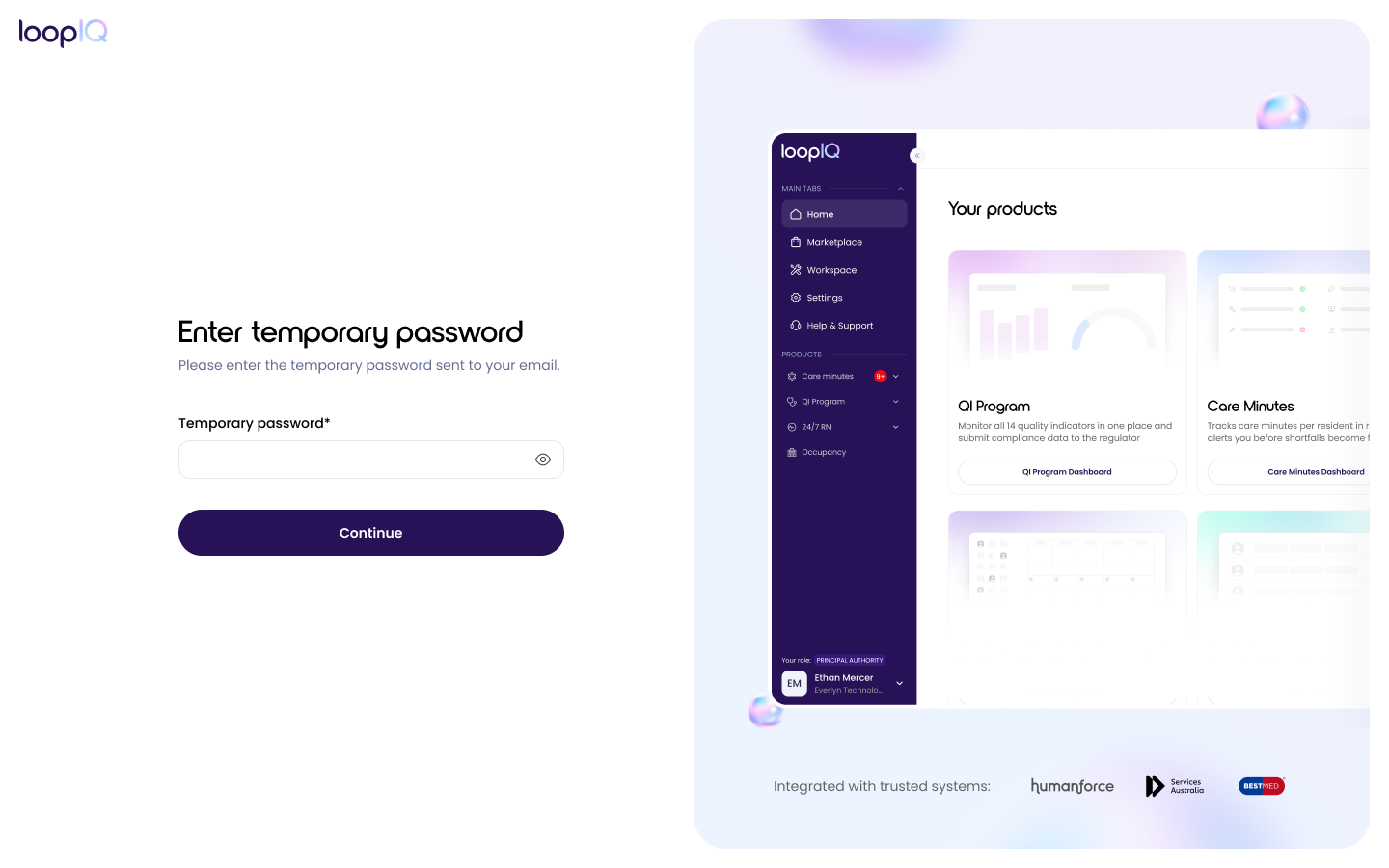 Enter temporary password screen