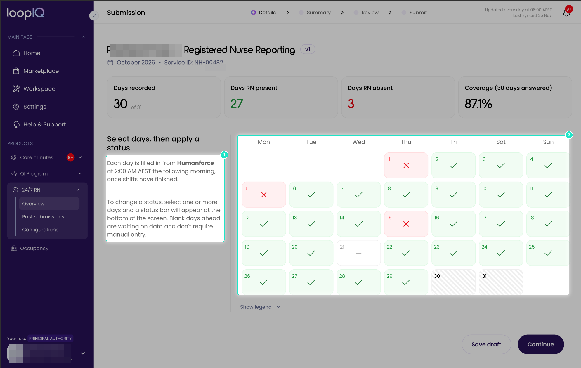 Submission Details step with Days recorded and the calendar highlighted