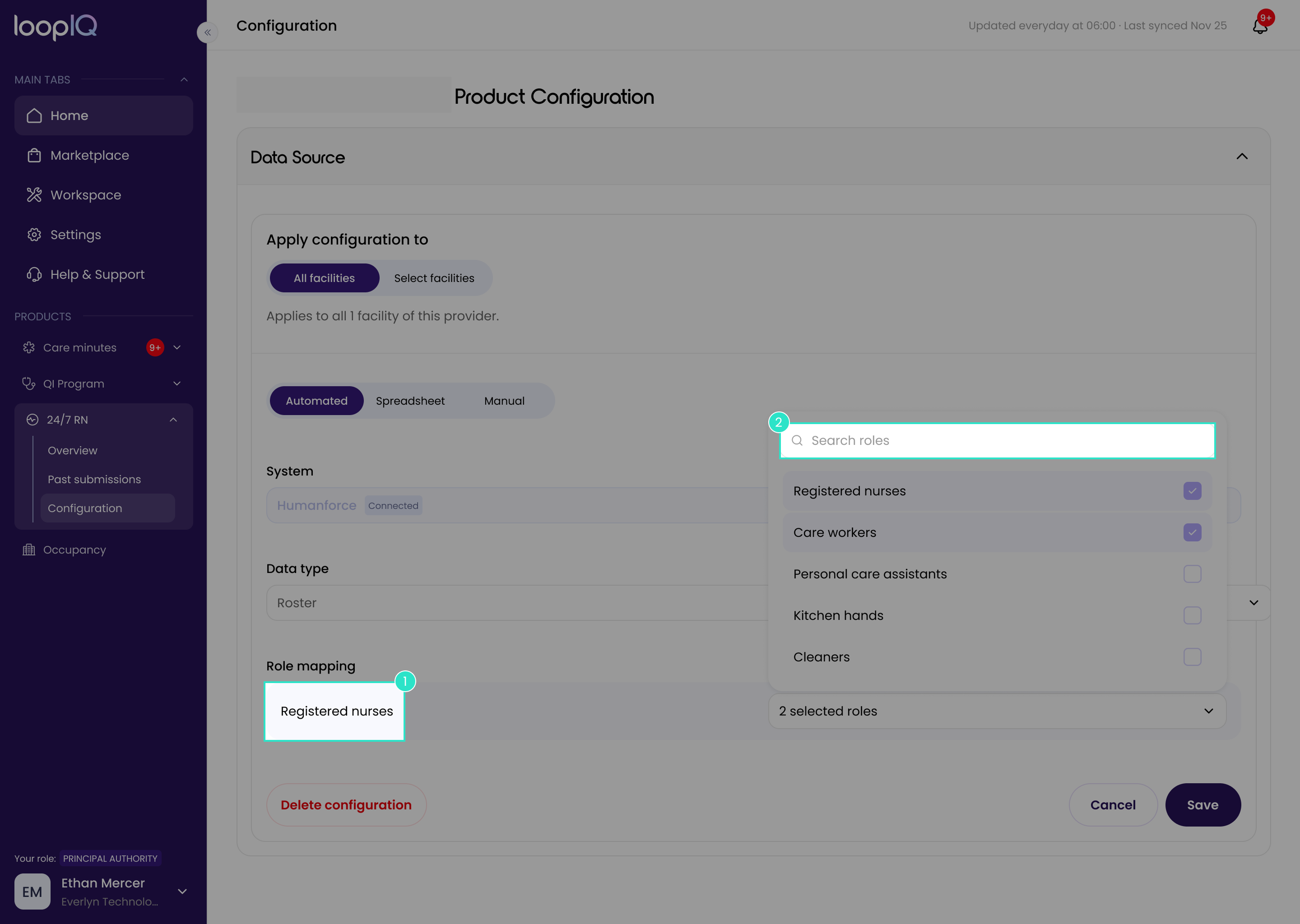 Role mapping with the dropdown open on the Registered nurse