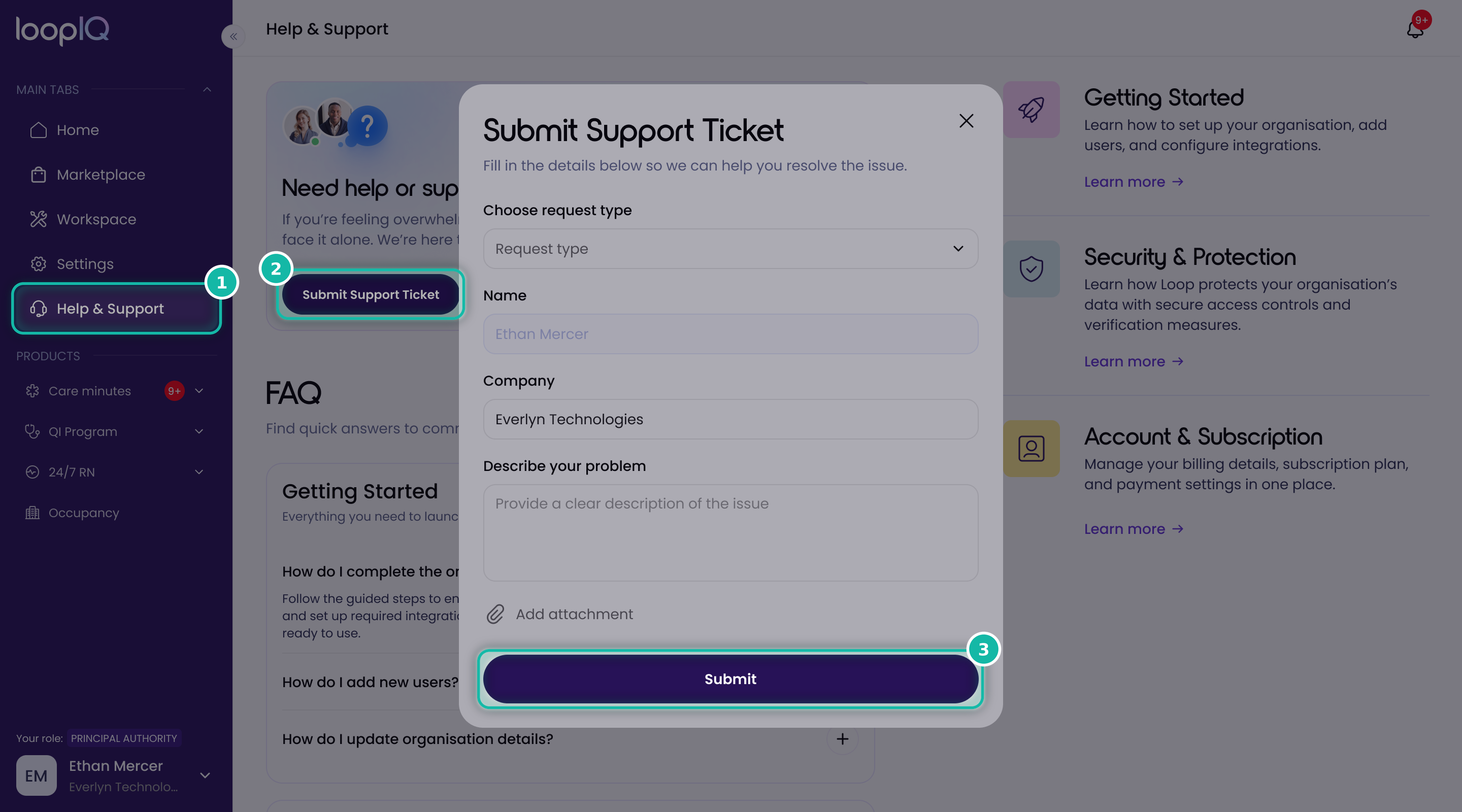 Submit support ticket in the Loop platform