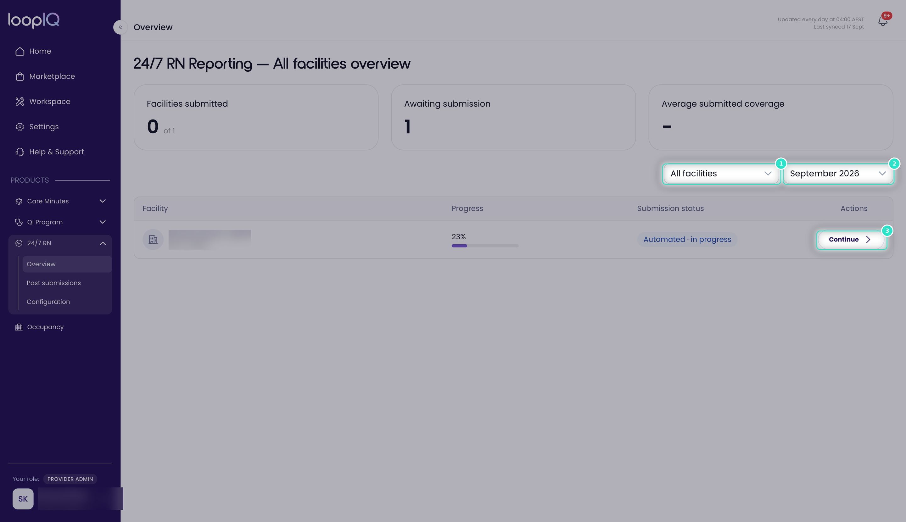 Select facility to complete report