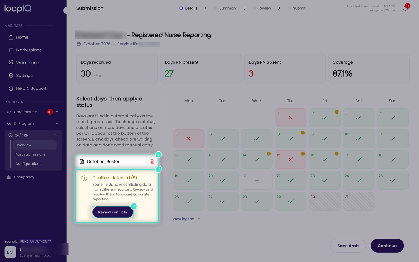 Details step with the uploaded file, Conflicts detected panel and Review conflicts button highlighted