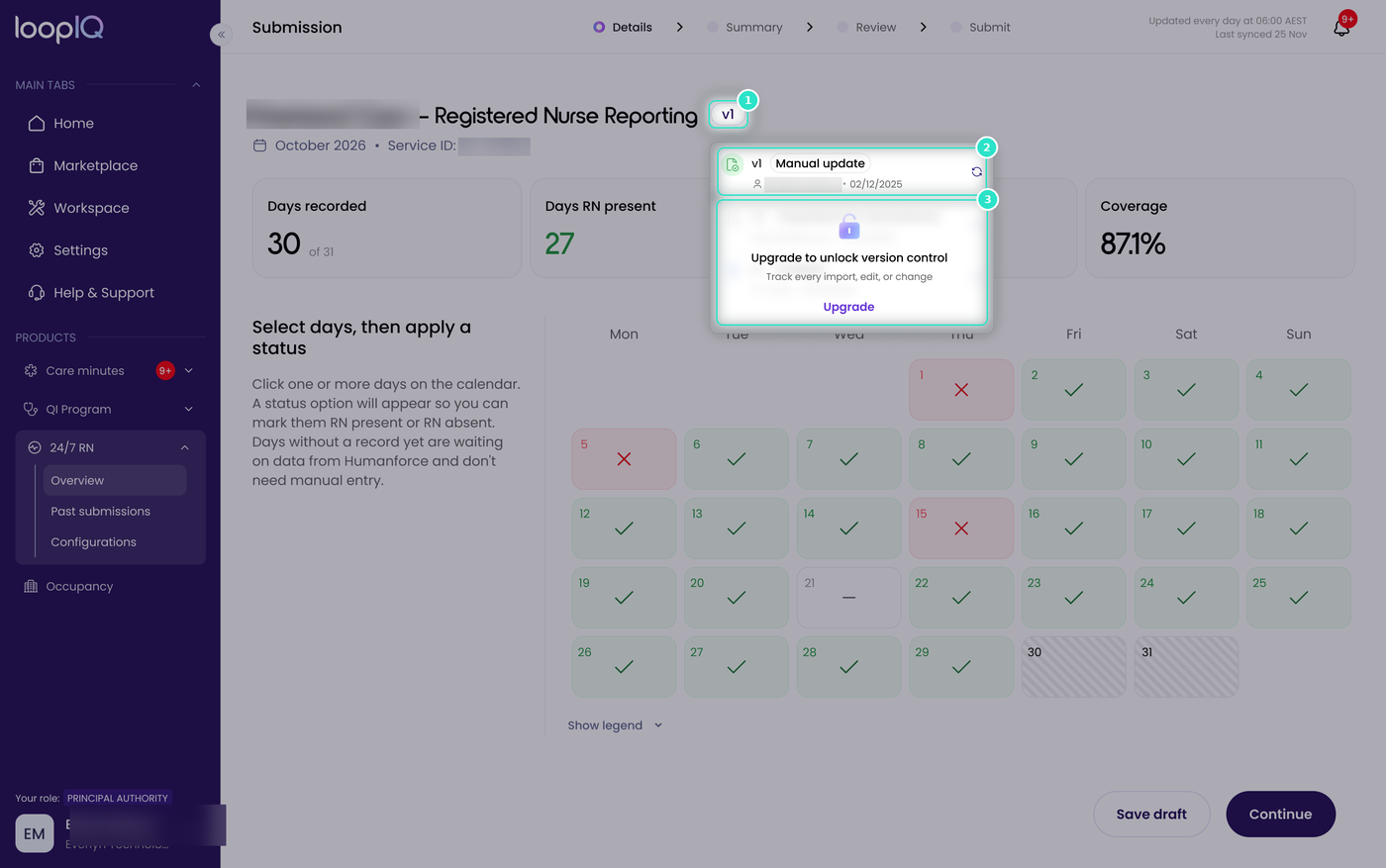 Version history on the free plan with the latest entry and the upgrade prompt highlighted