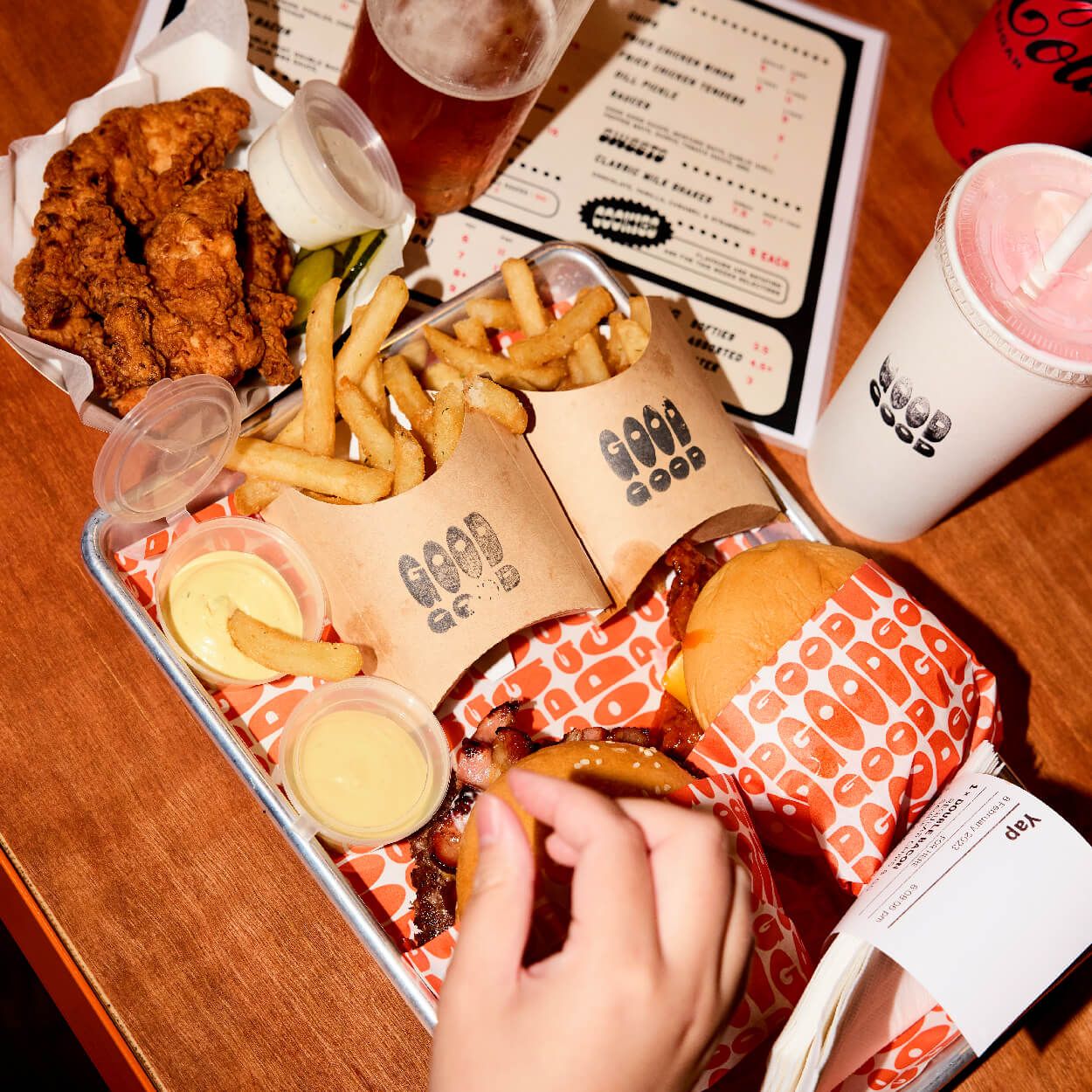 Burgers, chips and wings