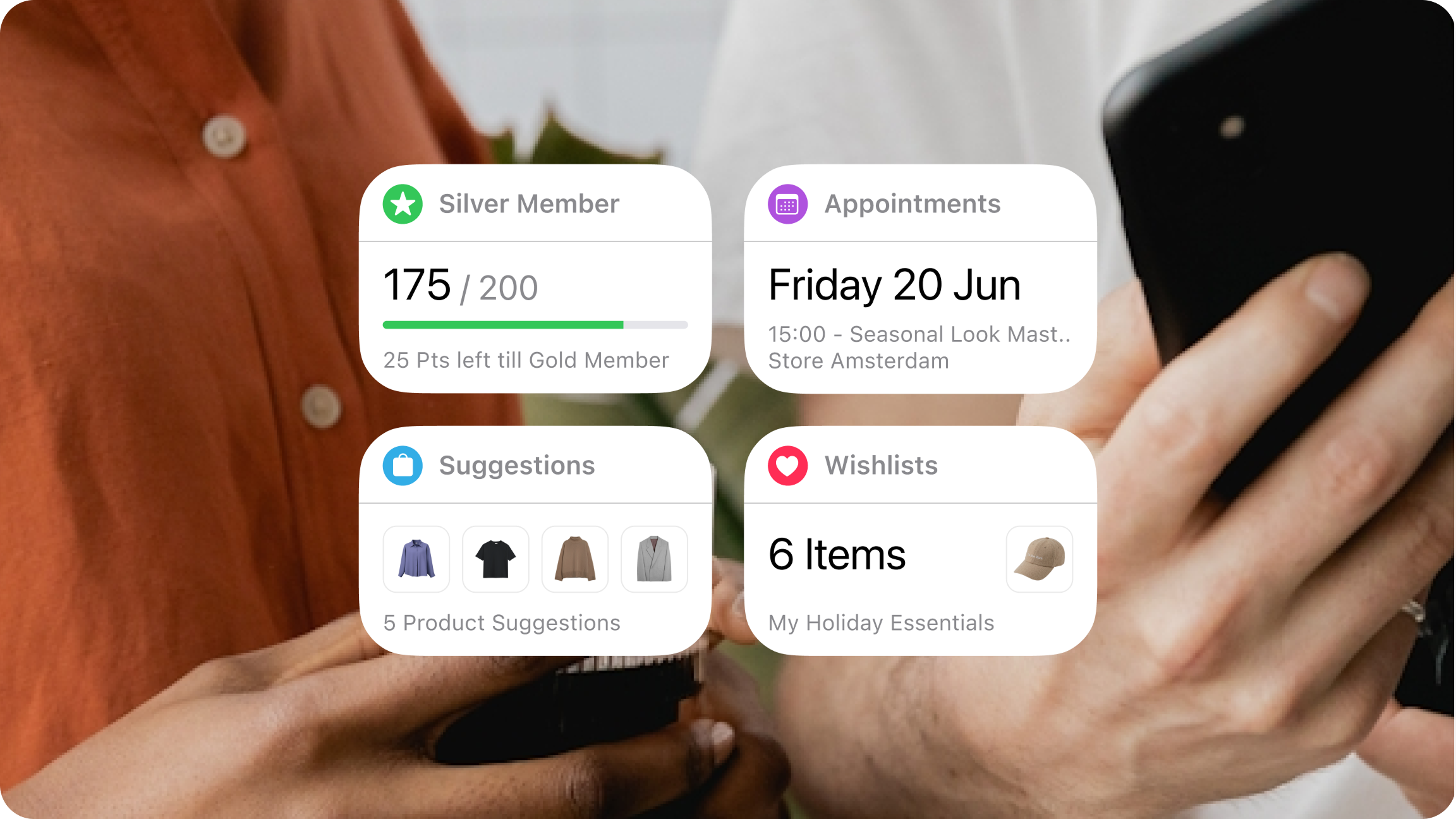 Store associate viewing EVA Customer 360 profile on iPhone showing loyalty points balance, upcoming styling appointment, personalized product suggestions, and wishlist items for in-store clienteling