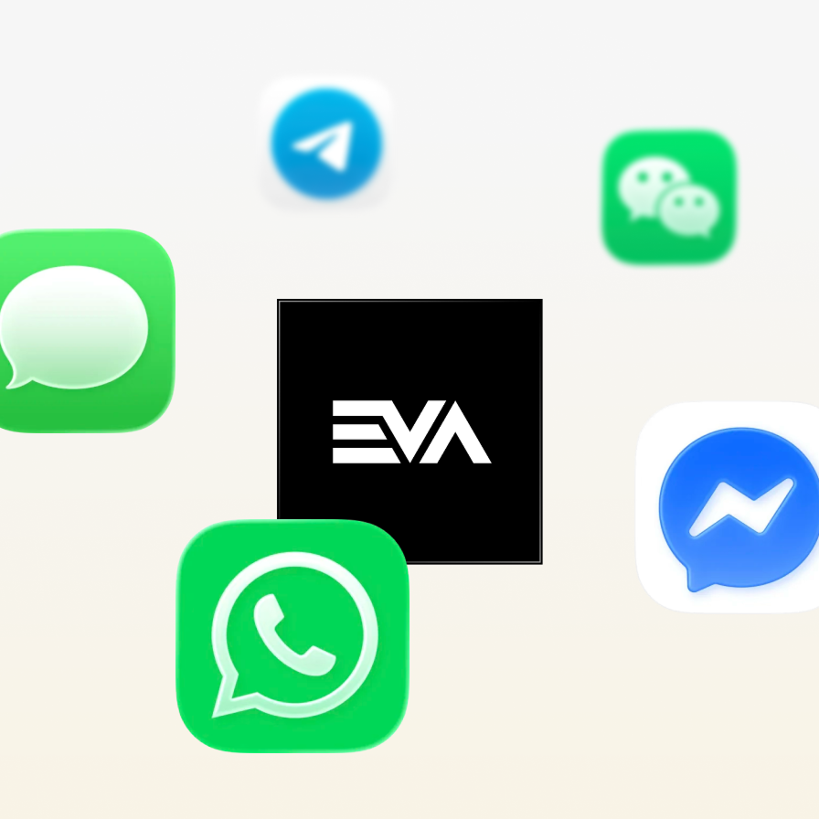 EVA Clienteling channels overview showing WhatsApp, iMessage, Telegram, WeChat, and Facebook Messenger connected through the EVA unified commerce platform for omnichannel customer outreach