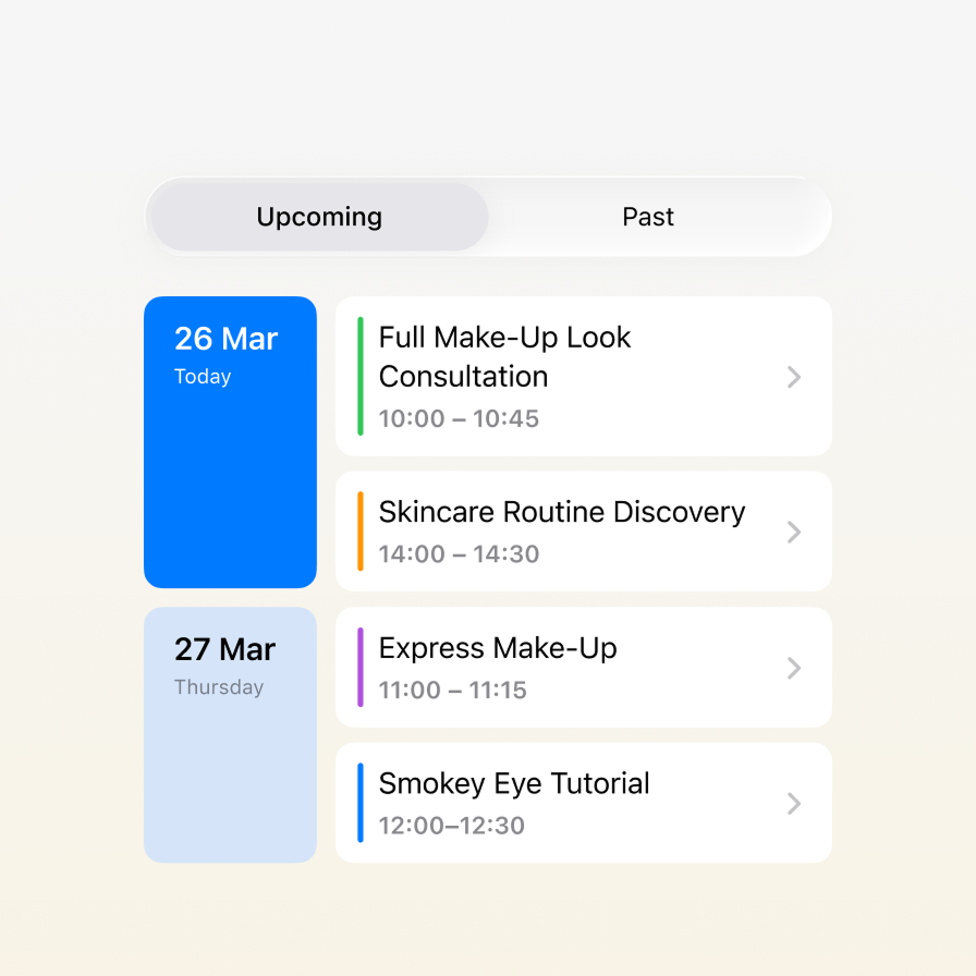 EVA InPerson appointment calendar showing upcoming in-store bookings including styling consultations and beauty tutorials, integrated with the EVA Clienteling platform