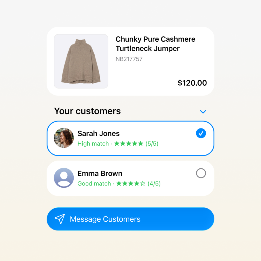 EVA Clienteling product recommendation view matching a Chunky Pure Cashmere Turtleneck Jumper to the highest-scoring customers, with Sarah Jones shown as a high match at five out of five stars