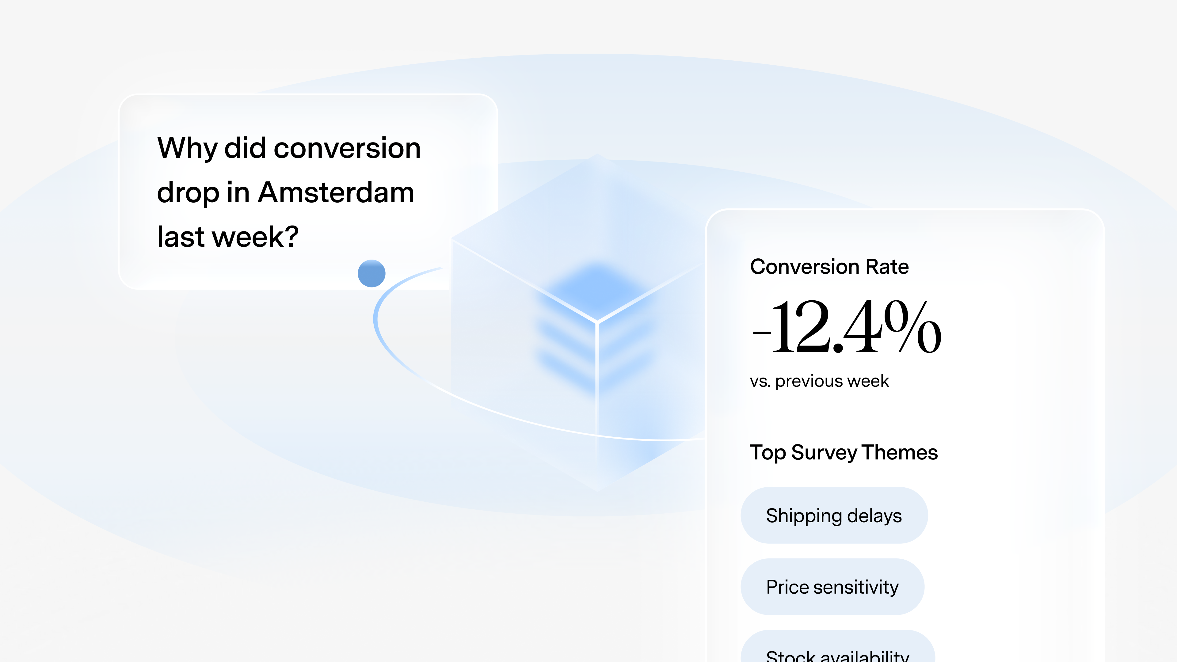 EVA natural language retail analytics interface answering plain English questions about store performance, showing conversion rate analysis and customer survey insights without requiring SQL queries