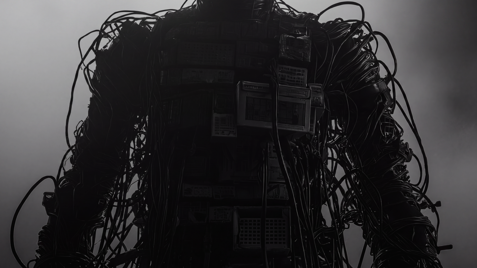 Chaotic Frankenstack of tangled cables, servers and retail technology systems representing fragmented retail architecture.