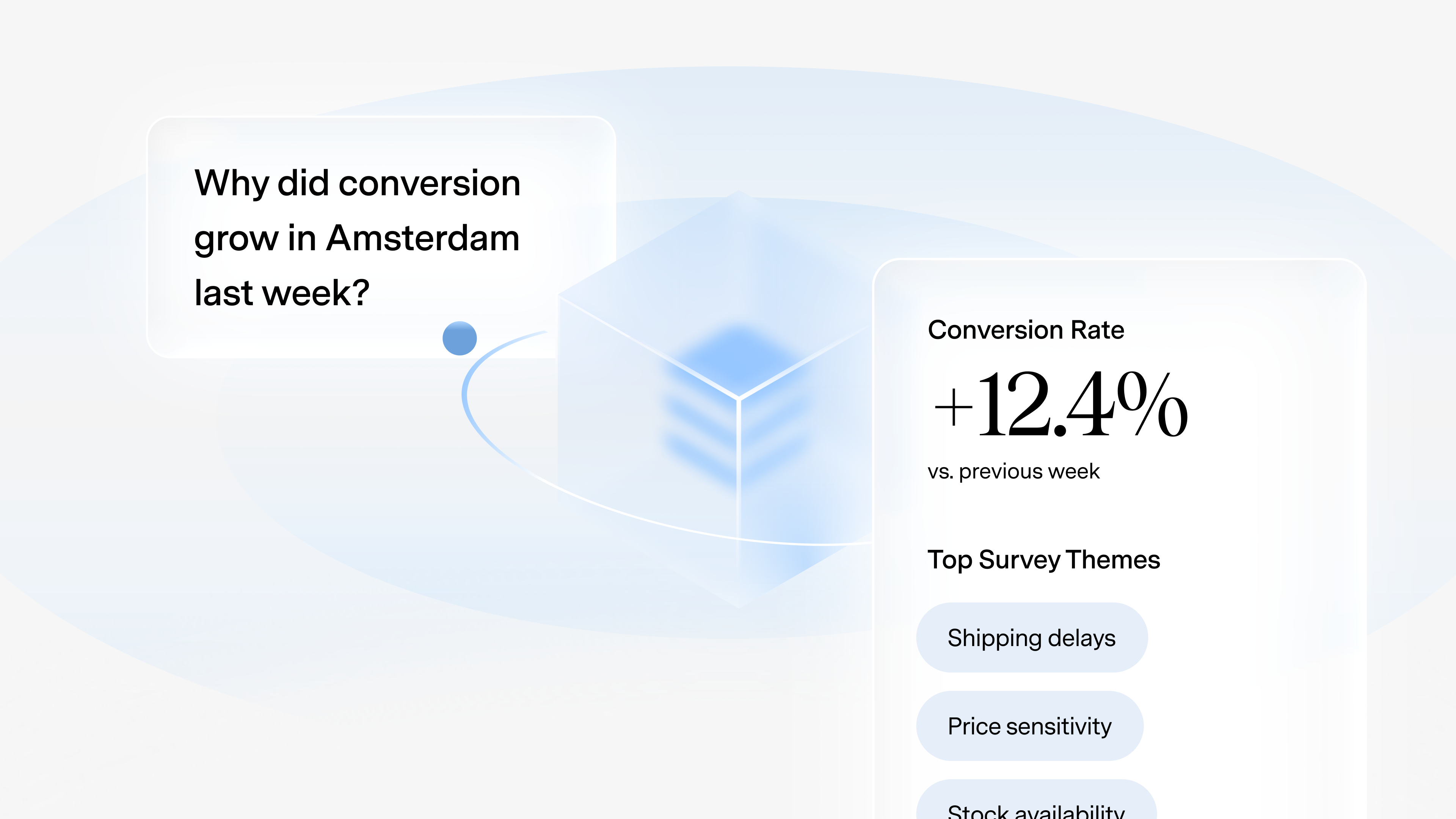 EVA natural language retail analytics interface answering plain English questions about store performance, showing conversion rate analysis and customer survey insights without requiring SQL queries