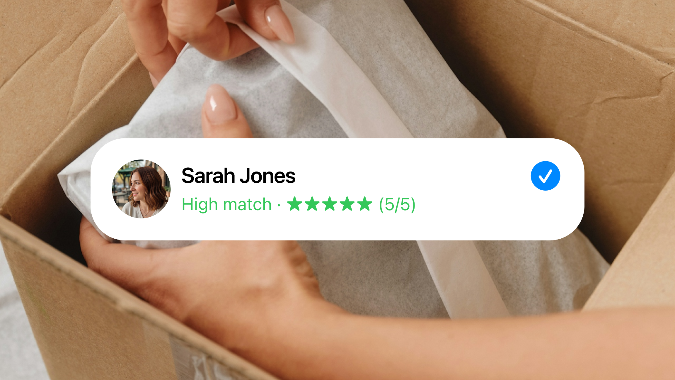 EVA Clienteling recommendation engine showing Sarah Jones as a high match at five out of five stars for a new product, overlaid on a customer unboxing a retail order