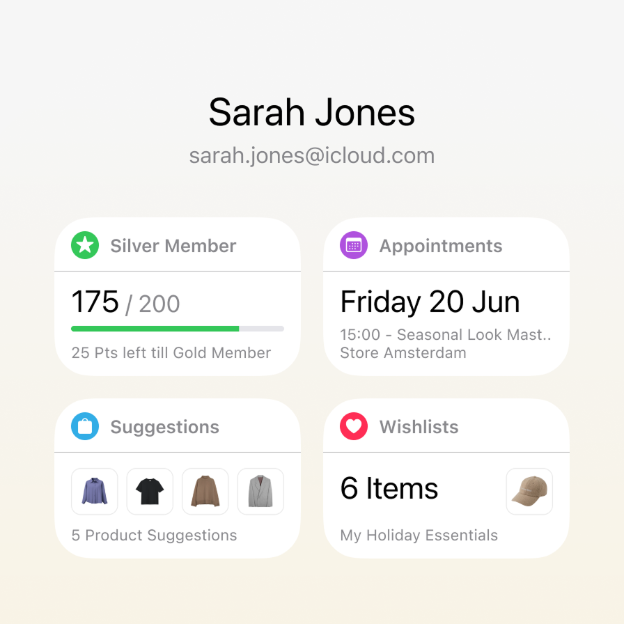 EVA Clienteling Customer 360 profile showing loyalty status, points balance, upcoming appointment, product suggestions, and wishlist for a store associate in the EVA App Suite