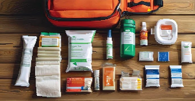 A travel health kit displayed on a wooden background, showcasing colorful first aid supplies like bandages and antiseptic wipes.